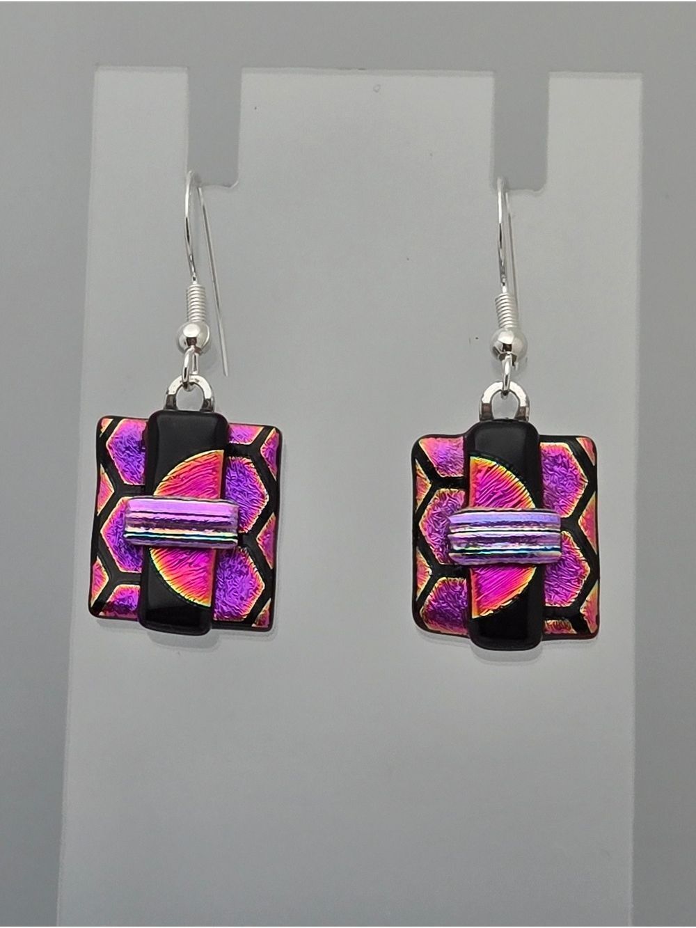 Dichroic Glass Earrings Pink Black Hexagon Sterling Silver 1.25" New